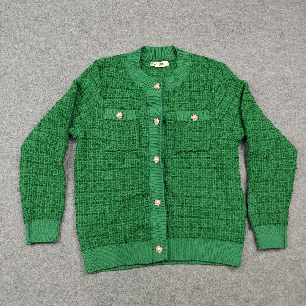 Grace Karin Cardigan Womens Medium Green Waffle-Knit Collarless Pocket Buttons
